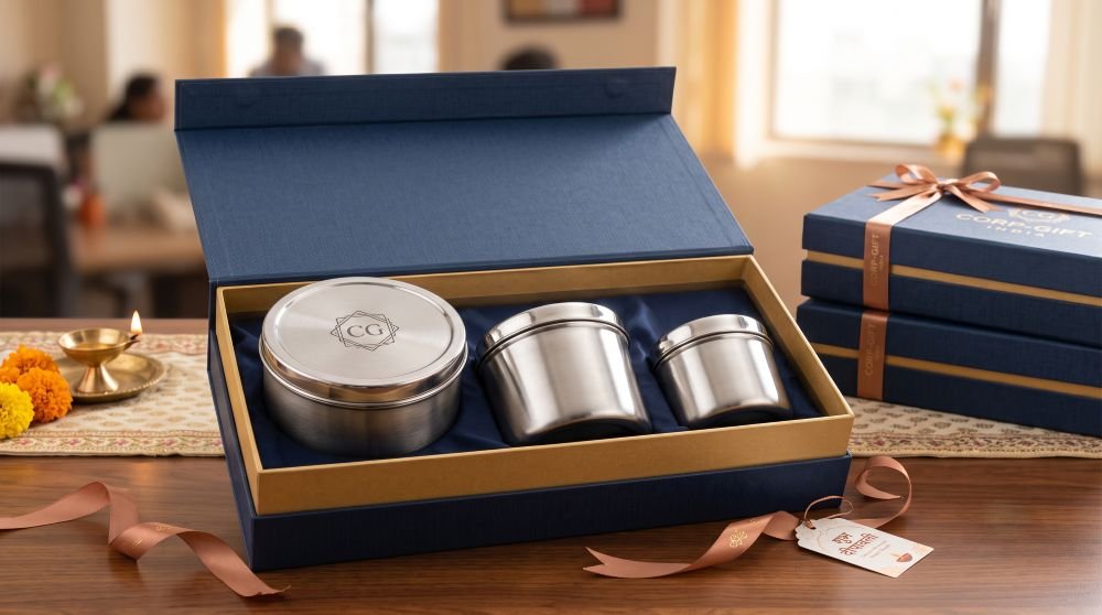 stainless steel dabba and canister for corporate gifting