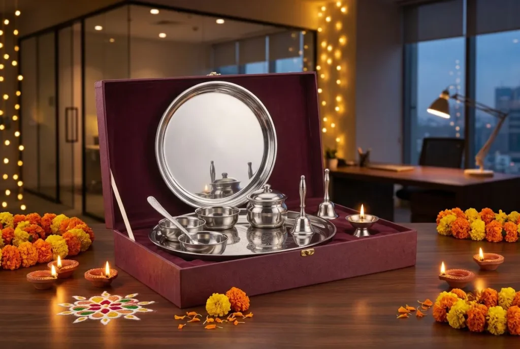 stainless steel pooja thali set for diwali corporate gifting in India