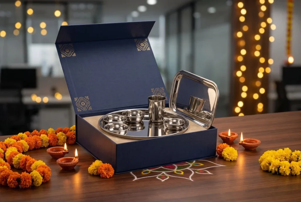 stainless steel thali and tray for diwali corporate gifting in India