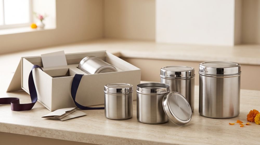Festive Stainless Steel Dabbas and Canisters